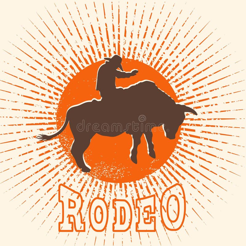 Vektor för rodeo-bull-symbol. cowboy som rider en vild tjur i vintagstil illustration och rodeotext royaltyfri illustrationer