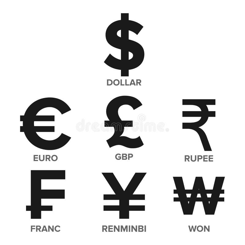 Vektor för valutasymbolsuppsättning pengar Berömd världsvaluta Finansillustration Dollar euro, GBP, rupie, franc, Renminbi royaltyfri illustrationer Vektor för valutasymbolsuppsättning pengar Berömd världsvaluta Finansillustration Dollar euro, GBP, rupie, franc, Renminbi royaltyfri illustrationer