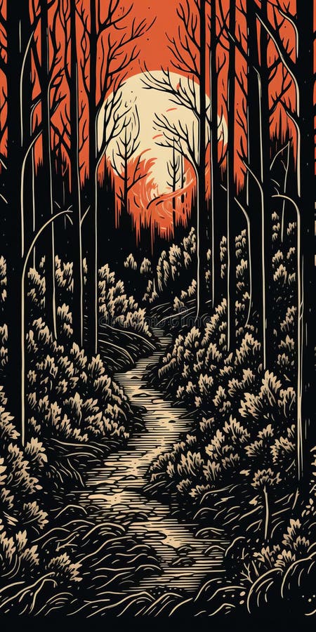 Vektor för vintage linocut-format för en detaljerad skog royaltyfri illustrationer