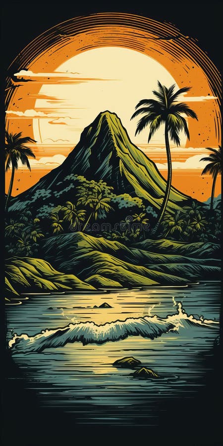 Vektor för vintage linocut-format på en tropisk ö stock illustrationer