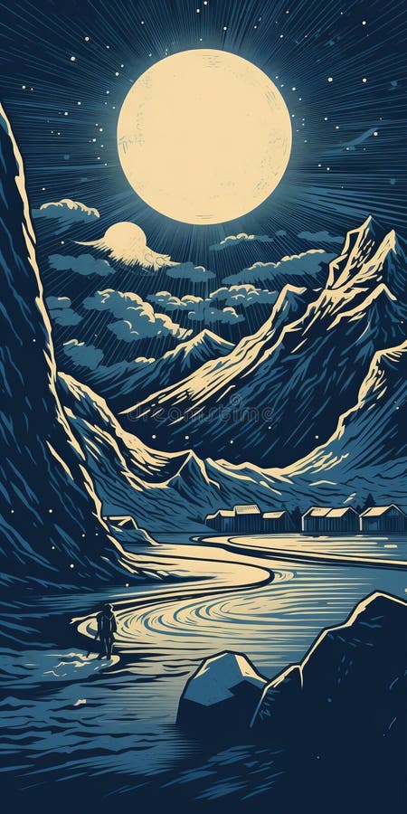 Vektor för vintage linocut-stil illustration av glaciärlandskap stock illustrationer