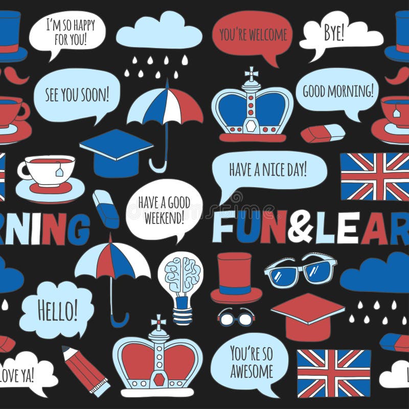 Vektor-gesetzte Gekritzelmuster und -ikonen Englischkurs-Sprachschule stock abbildung Vektor-gesetzte Gekritzelmuster und -ikonen Englischkurs-Sprachschule stock abbildung