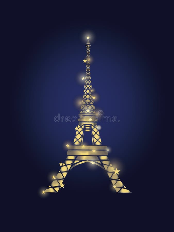 Vektor-glühender goldener Eiffelturm in Paris-Schattenbild nachts Französischer Markstein auf dunkelblauem Hintergrund lizenzfreie abbildung