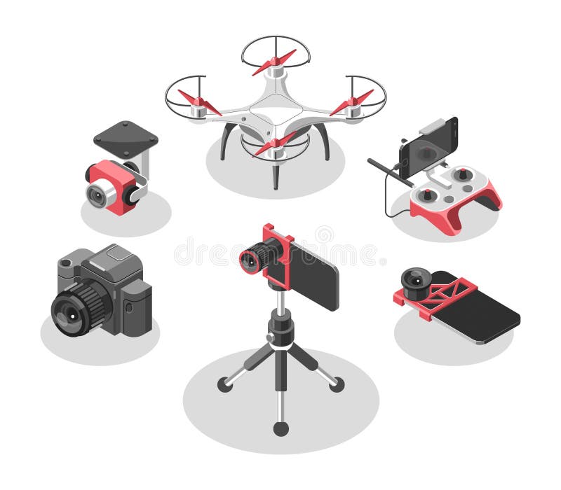 Vektor-Illustration mit Viererkabelhubschrauber und -Fernbedienung Drohne, Kontrolleur, Türspionslinse, Kamerahalter, Kamera lizenzfreie abbildung Vektor-Illustration mit Viererkabelhubschrauber und -Fernbedienung Drohne, Kontrolleur, Türspionslinse, Kamerahalter, Kamera lizenzfreie abbildung