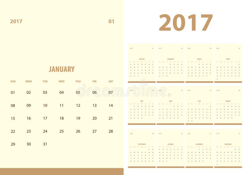 Vektor kalender för nytt år 2017 med enkel ren stil med beig stock illustrationer Vektor kalender för nytt år 2017 med enkel ren stil med beig stock illustrationer