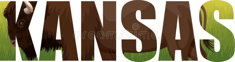 Vektor Kansas - ord för amerikansk stat med den zubrbuffelbisonen och grässlätten stock illustrationer Vektor Kansas - ord för amerikansk stat med den zubrbuffelbisonen och grässlätten stock illustrationer