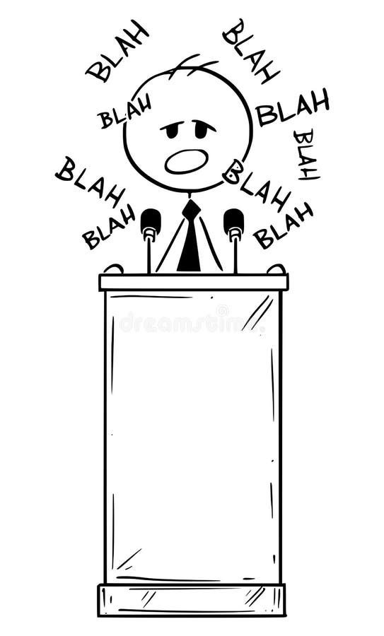 Vector cartoon stick figure drawing conceptual illustration of man or politician speaking or having boring speech on podium or behind lectern and saying blah. Vector cartoon stick figure drawing conceptual illustration of man or politician speaking or having boring speech on podium or behind lectern and saying blah.