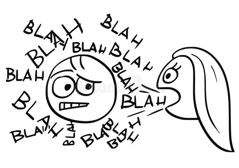 Cartoon vector of sick man surrounded by words blah coming from mouth of talking woman. Cartoon vector of sick man surrounded by words blah coming from mouth of talking woman
