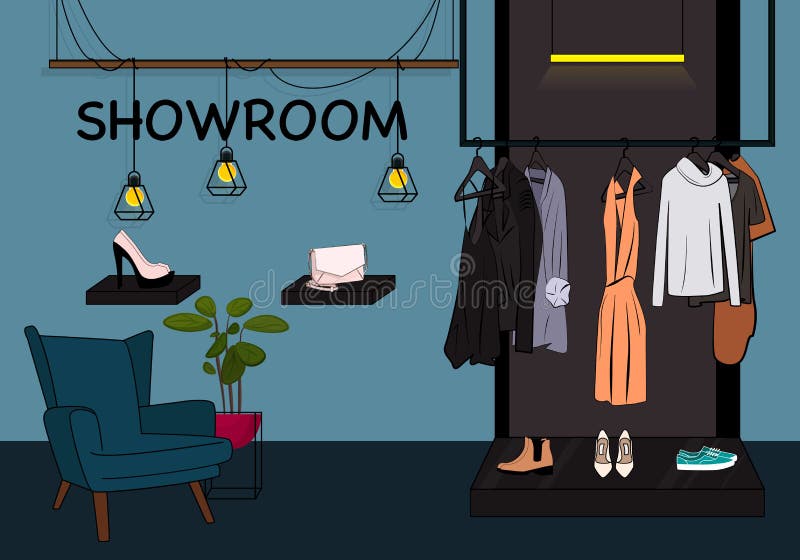 Vektor kleidet Schaufensterillustration Ausstellungsraumwandschrank mit Jacke, Kleid und T-Shirt auf Aufhänger, Schuhe auf Schauk lizenzfreie abbildung Vektor kleidet Schaufensterillustration Ausstellungsraumwandschrank mit Jacke, Kleid und T-Shirt auf Aufhänger, Schuhe auf Schauk lizenzfreie abbildung
