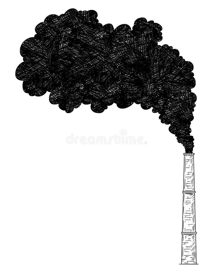 Vector artistic pen and ink drawing illustration of smoke coming from industry or factory smokestack or chimney into air. Environmental concept of pollution. Vector artistic pen and ink drawing illustration of smoke coming from industry or factory smokestack or chimney into air. Environmental concept of pollution.