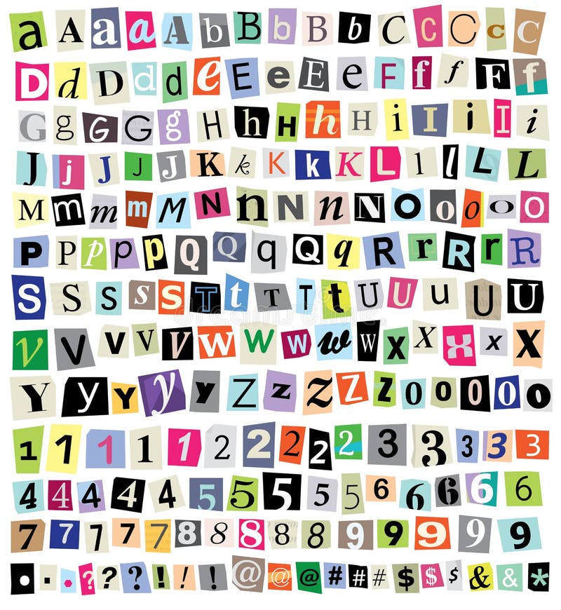 Vektor-Lösegeld-Anmerkungs-Schnitt-Papier-Buchstaben, Zahlen, Symbole stock abbildung