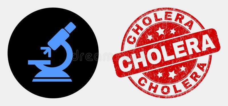 Rounded microscope icon and Cholera seal stamp. Red rounded distress stamp with Cholera text. Blue microscope icon on black circle. Vector composition for microscope in flat style. Rounded microscope icon and Cholera seal stamp. Red rounded distress stamp with Cholera text. Blue microscope icon on black circle. Vector composition for microscope in flat style.