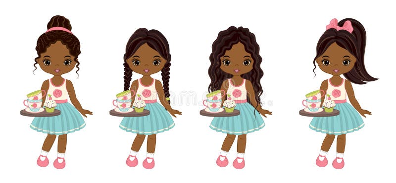 Vektor-nette kleine Afroamerikaner-Mädchen mit Behältern, Tee-Schalen und kleinen Kuchen