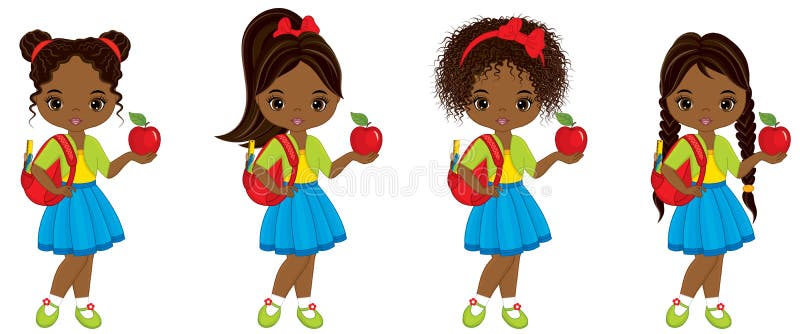 Vektor-nettes kleines Afroamerikaner-Mädchen mit Schultaschen und roten Äpfeln