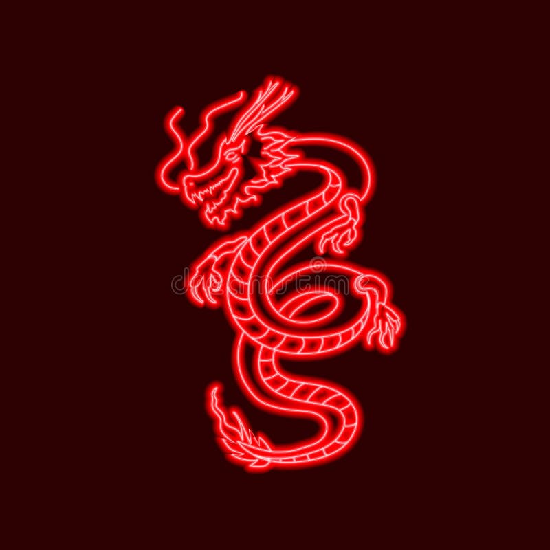 Vector Neon Oriental Dragon, Red Glowing Lines, Sign Template. Shining Outline Drawing. Vector Neon Oriental Dragon, Red Glowing Lines, Sign Template. Shining Outline Drawing.