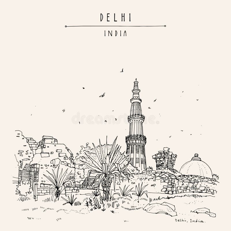Vektor qutub minar qutab minar qutb minar handgezeichnete Postkarte. Delhi-India. Siegturm des Museums stock abbildung