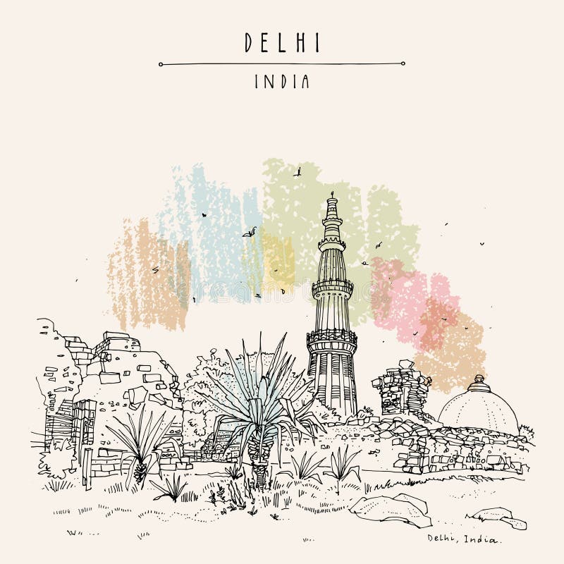 Vektor qutub minar qutab minar qutb minar handgezeichnete touristische Postkarte. Delhi-India. Siegurm vektor abbildung