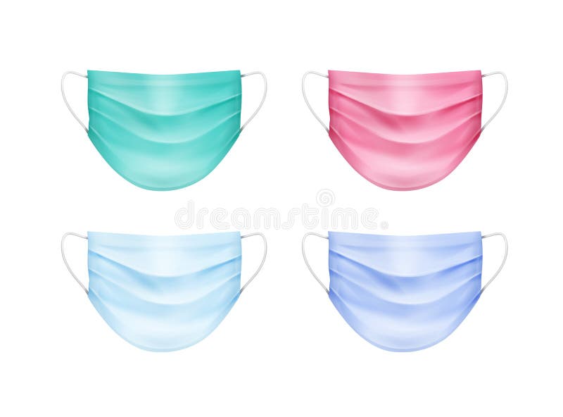Vector Set of Colored Blue Green Pink Turquoise Medical Face Ear Loop Mask Isolated on White Background. Vector Set of Colored Blue Green Pink Turquoise Medical Face Ear Loop Mask Isolated on White Background