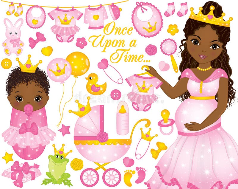 Vektor-Satz für Baby-Dusche mit schwangerer dem Afroamerikaner-Frau und Baby gekleidet als Prinzessinnen