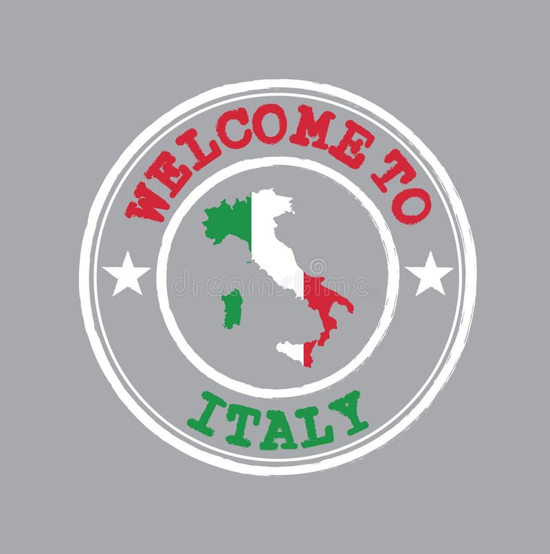 Vektor-Stempel des Willkommens nach Italien mit italienischer Flagge auf Kartenentwurf in der Mitte lizenzfreie abbildung Vektor-Stempel des Willkommens nach Italien mit italienischer Flagge auf Kartenentwurf in der Mitte lizenzfreie abbildung