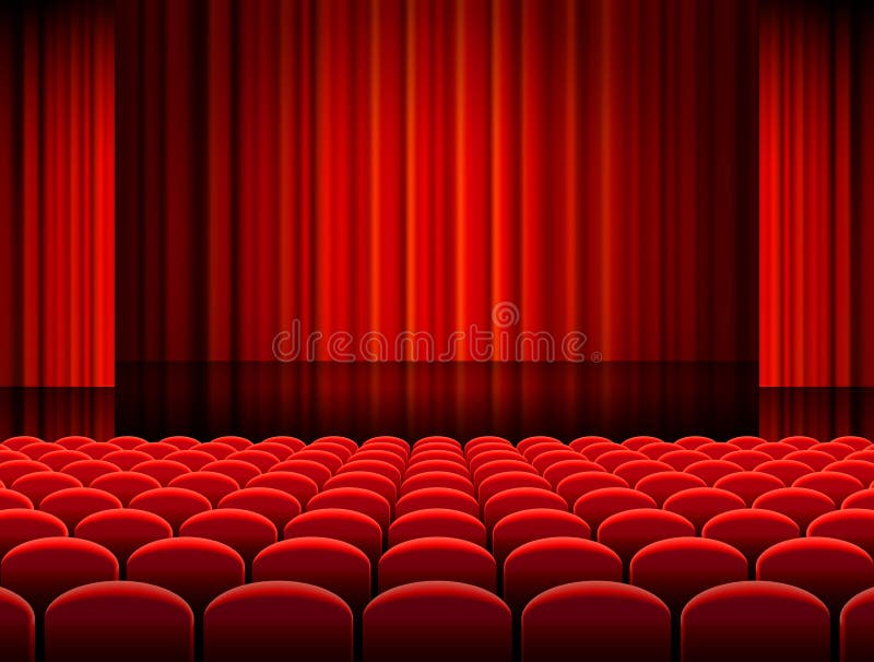 Vektor-Theater Hall mit roten Vorhängen lizenzfreie abbildung Vektor-Theater Hall mit roten Vorhängen lizenzfreie abbildung