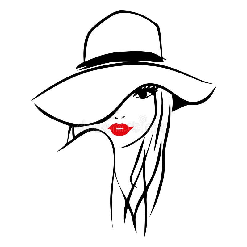 Vektor-Tinten-Linie Art Lady Wearing Floppy Hat