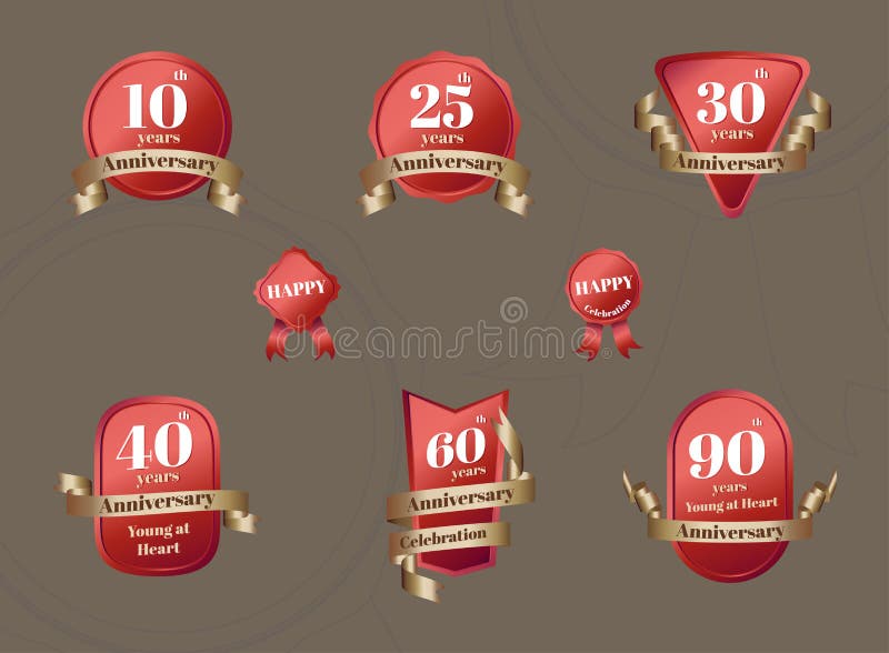 Vektor: Uppsättning av årsdagberömemblemet i rött och guld- stock illustrationer Vektor: Uppsättning av årsdagberömemblemet i rött och guld- stock illustrationer