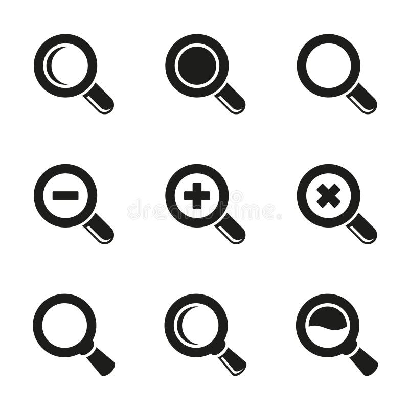 Vektor-Vergrößerungsglas-Glas- und Zoom-Ikonen eingestellt lizenzfreie abbildung Vektor-Vergrößerungsglas-Glas- und Zoom-Ikonen eingestellt lizenzfreie abbildung