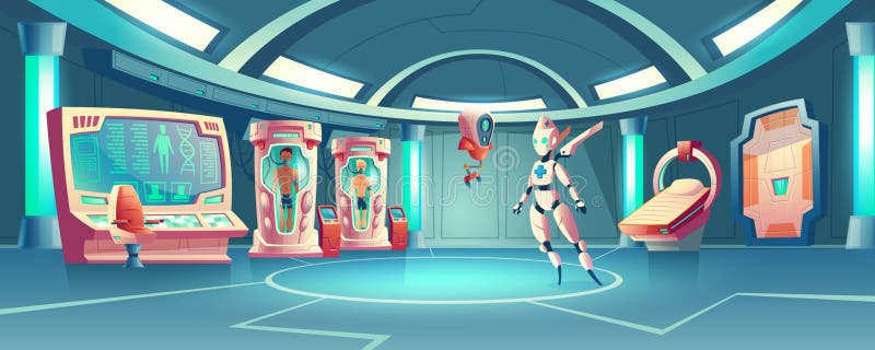 Vektoranabiosisrum, läkarerobot och astronaut stock illustrationer Vektoranabiosisrum, läkarerobot och astronaut stock illustrationer