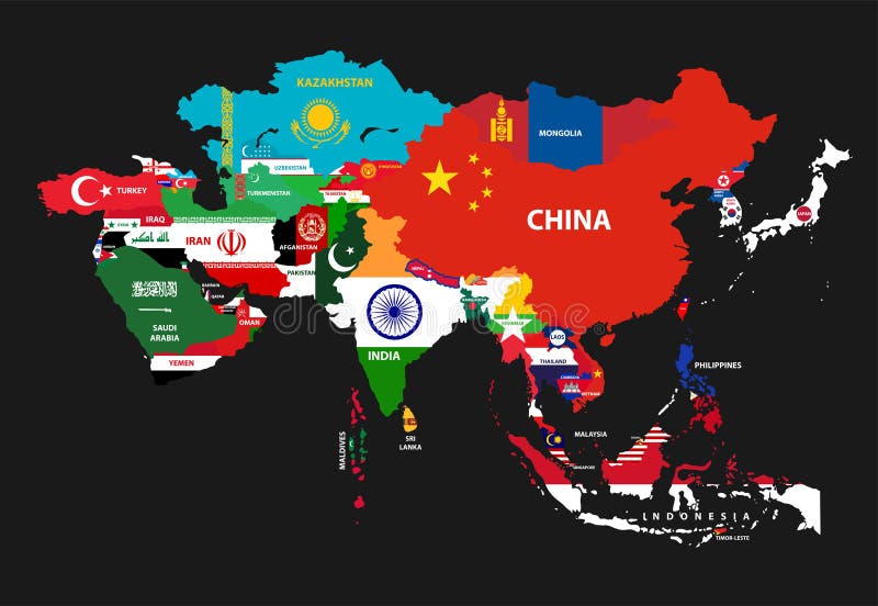 vektorAsien återhållsam översikt med länder som är blandade med deras nationsflaggor