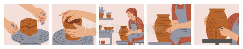 Vektorbanderoll med en uppsättning illustrationer av processen att tillverka keramiska diskar. royaltyfri illustrationer