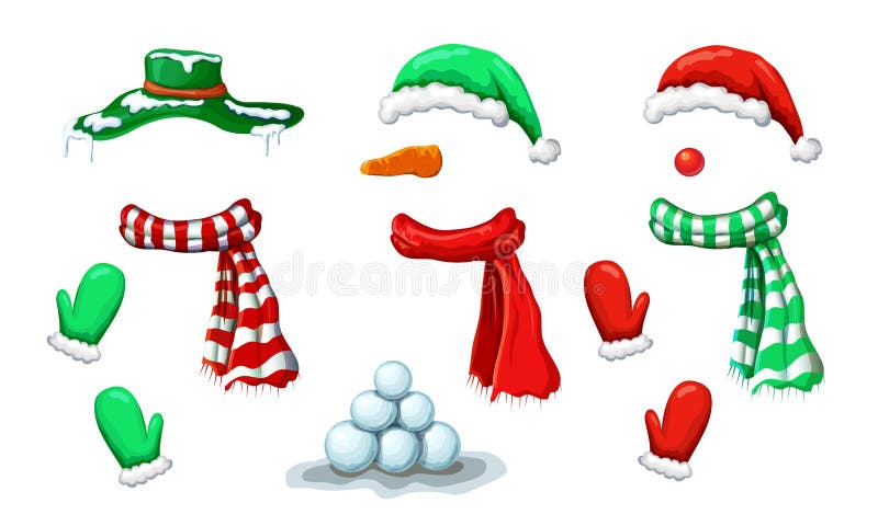 Vektorbaserad snömansmasksamling med tillbehör isolerat på vitt Xmas semesterstöt av snöman med olika hattar. vektor illustrationer