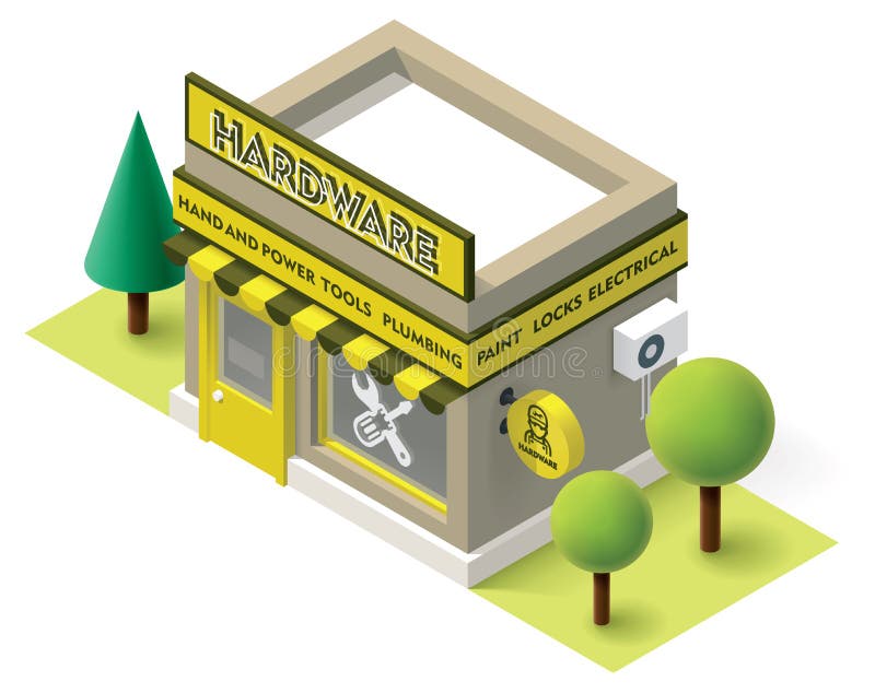 Vector isometric hardware shop building icon. Vector isometric hardware shop building icon