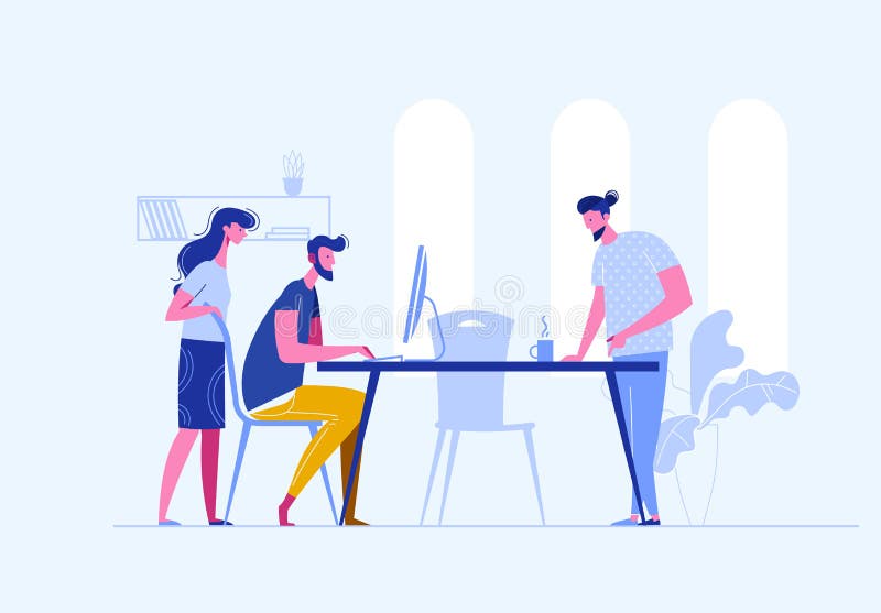 Vektorbegrepp av den idérika teamworkbyggnadsbisinessen direktanslutet i en openspace Sturtup arbete Möteaffärsfolk royaltyfri illustrationer