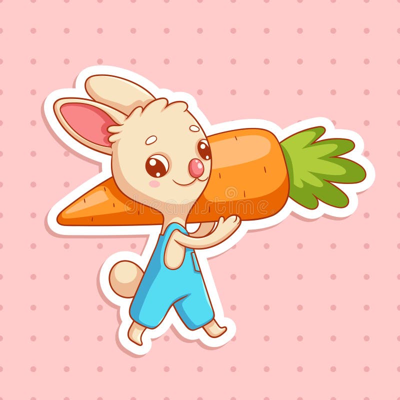 Vektorbild des Kaninchens mit Karotte zum Aufkleber. Cartoon Bunny. Ostersüßer Charakter. lizenzfreie abbildung