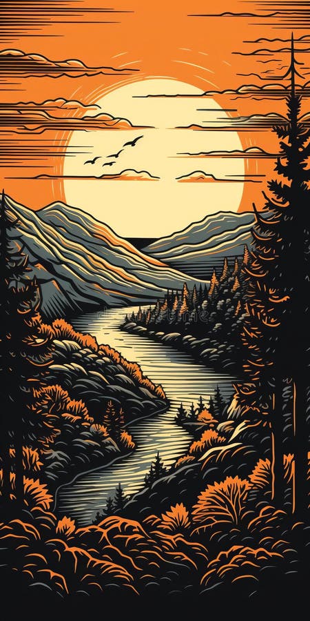 Vektorbilder för vintage linocut-stil i inlandet, detaljerad design vektor illustrationer