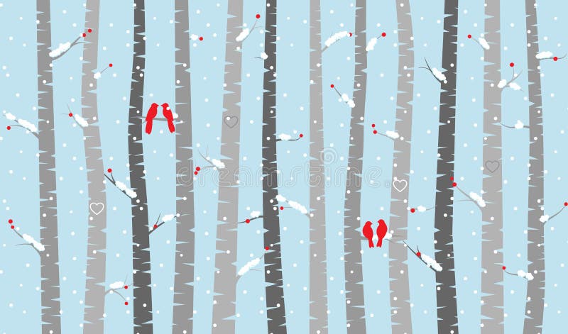 Vector Birch or Aspen Trees with Snow Falling and Love Birds. Vector Birch or Aspen Trees with Snow Falling and Love Birds