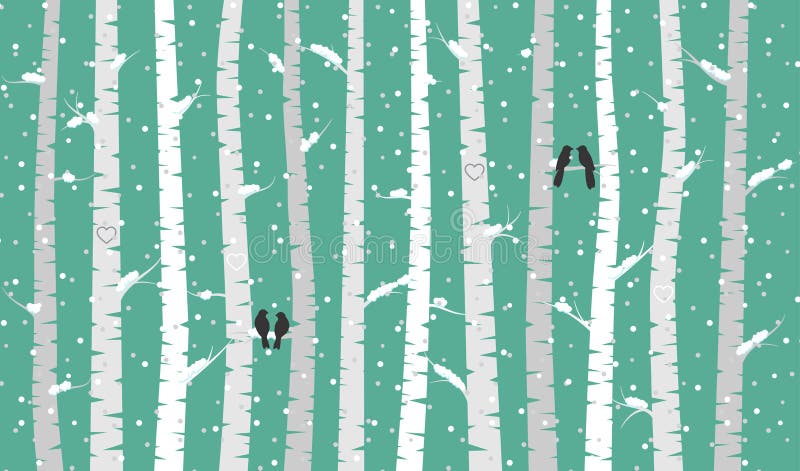 Vector Birch or Aspen Trees with Snow Falling and Love Birds. Vector Birch or Aspen Trees with Snow Falling and Love Birds