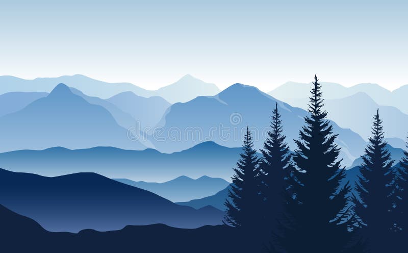 Vektorblåttlandskap med konturer av dimmiga berg och kullar och träd