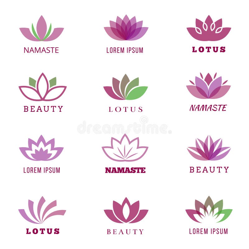 Vektorbrunnsorten, boutique, skönhetsalongen, kosmetolog, shoppar, yogagrupp, hotellet och semesterortlogouppsättningen med lotus stock illustrationer Vektorbrunnsorten, boutique, skönhetsalongen, kosmetolog, shoppar, yogagrupp, hotellet och semesterortlogouppsättningen med lotus stock illustrationer