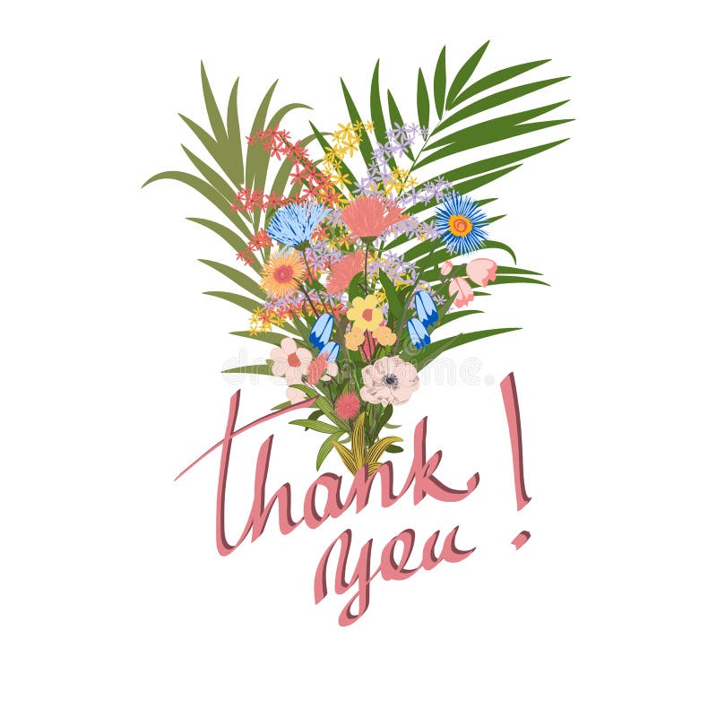 Vektorbukett med blommor och tropiska sidor, tacka dig att card vektor illustrationer Vektorbukett med blommor och tropiska sidor, tacka dig att card vektor illustrationer