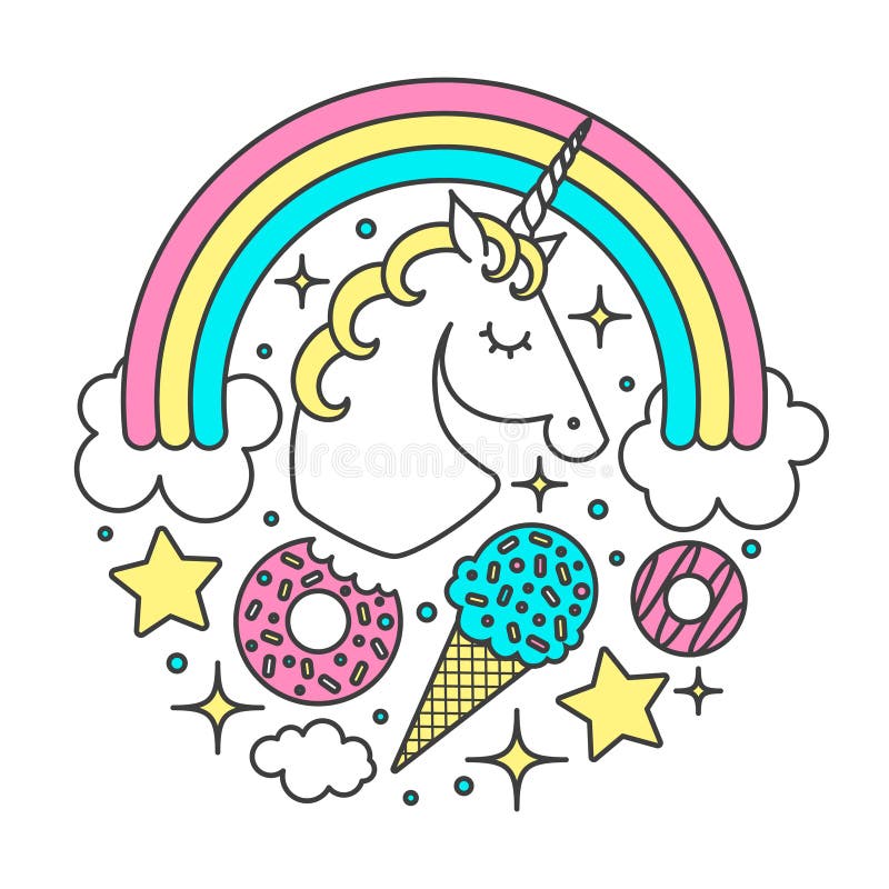 Vektorcirkelsammansättning med enhörningen, regnbåge, moln, stjärnor, glass, donuts Tecknad filmstiltecken royaltyfri illustrationer