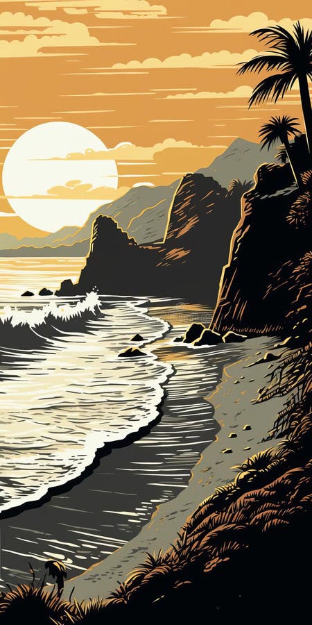 Vektorcostar för vintage linocut-format med detaljerad kustlinjedesign stock illustrationer