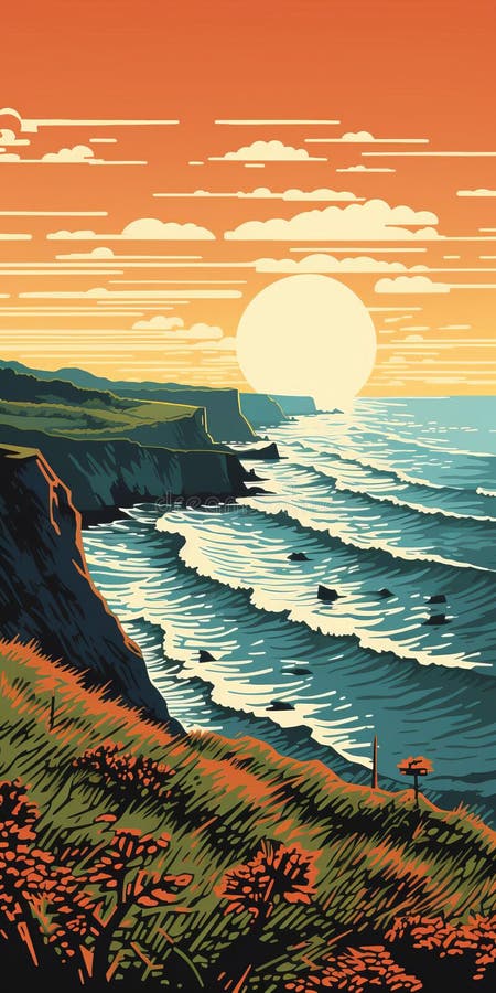 Vektorcostar för vintage linocut-format med detaljerad kustlinjedesign vektor illustrationer
