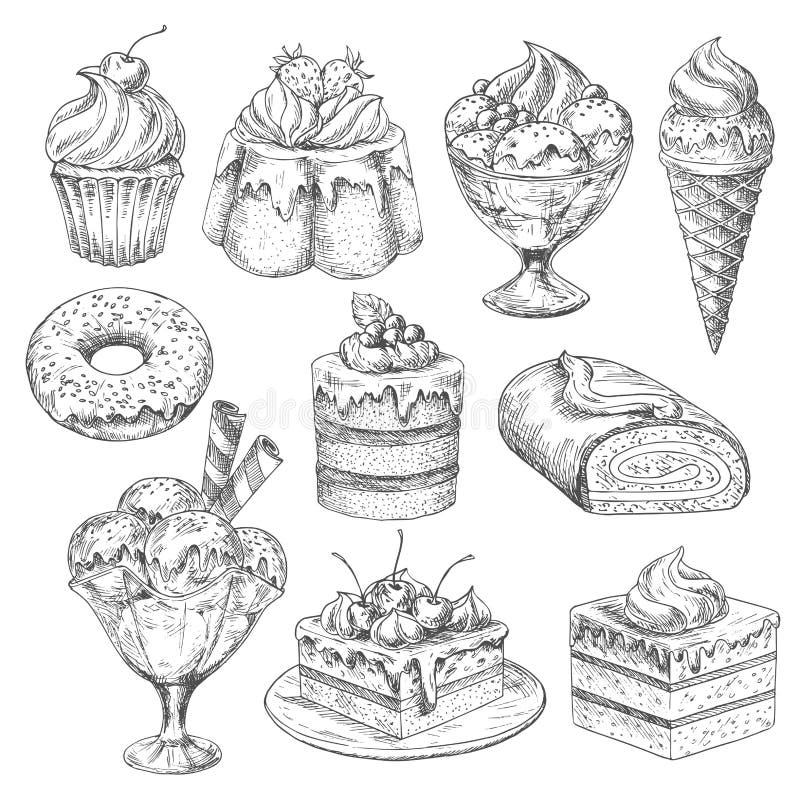 Bakery desserts sketch vector icons. Pastry cakes and biscuits, pudding and cupcakes or chocolate torte muffins and ice cream. Cheesecake or brownie confectionery and cookies for cafeteria menu. Bakery desserts sketch vector icons. Pastry cakes and biscuits, pudding and cupcakes or chocolate torte muffins and ice cream. Cheesecake or brownie confectionery and cookies for cafeteria menu