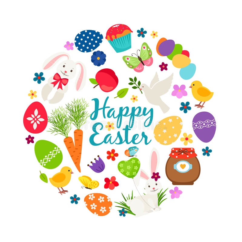 Vektorfahne Ostern des Karikaturfrühlinges glückliche bedruckbare mit Eiern, Häschen und Blumen lizenzfreie abbildung Vektorfahne Ostern des Karikaturfrühlinges glückliche bedruckbare mit Eiern, Häschen und Blumen lizenzfreie abbildung