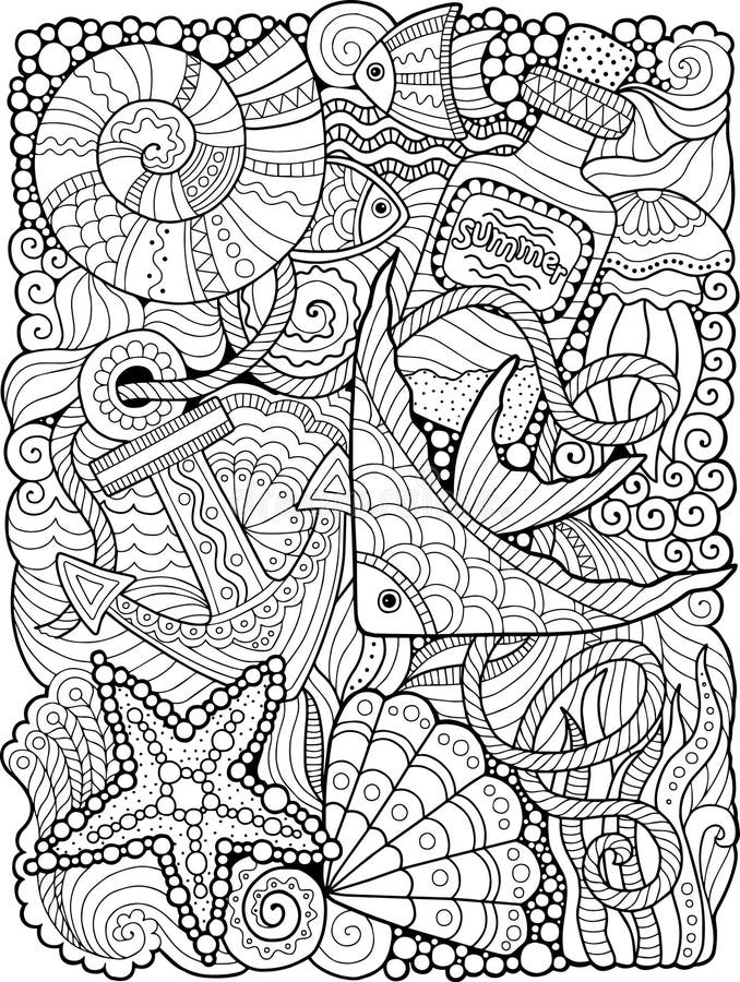 Vektorfärgläggningbok Färgläggningbok för vuxen människa Sommarhav stock illustrationer Vektorfärgläggningbok Färgläggningbok för vuxen människa Sommarhav stock illustrationer