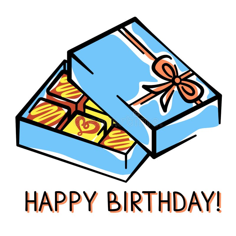 Vector birthday card with a box of chocolates hand-drawn on a white background. Vector birthday card with a box of chocolates hand-drawn on a white background