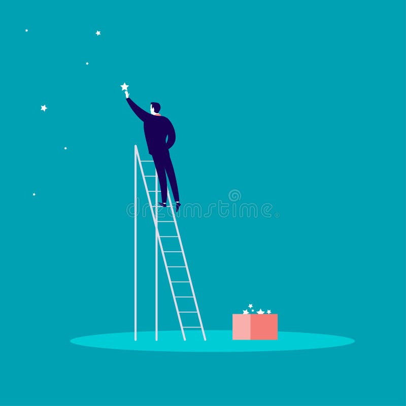 Vektorgeschäfts-Konzeptillustration mit dem Geschäftsmann, der auf Treppe steht und Stern auf dem Himmel erreicht stock abbildung Vektorgeschäfts-Konzeptillustration mit dem Geschäftsmann, der auf Treppe steht und Stern auf dem Himmel erreicht stock abbildung