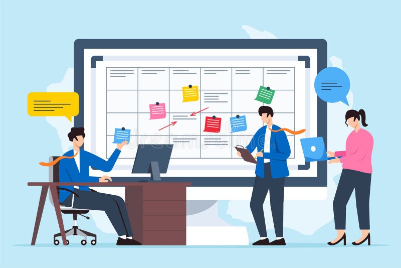 Vektorgrafik des Teams, das eine Remote-Arbeitsstrategie entwickelt, mit klebrigen Notizen auf der virtuellen Whiteboard-Zusammena stock abbildung